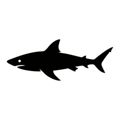 A simple black silhouette of a shark in a side profile view, isolated on a plain white background.