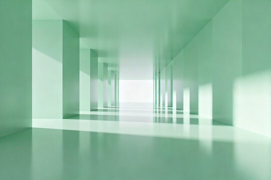Minimalist green corridor with symmetrical architecture and soft lighting