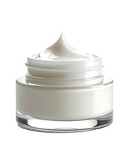 A partially-filled, clear jar of thick, white cream with a swirled top