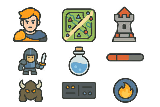 Fototapeta MOBA Game Icons. Flat icon set of MOBA gaming: hero avatar, map layout, base tower, minion, mana potion,