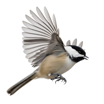 Blackcapped chickadee in flight isolated on transparent background