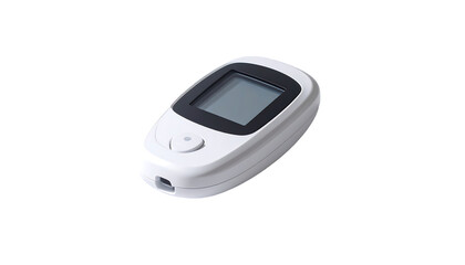 Compact, white handheld device with a rectangular LCD screen, single button, and small port