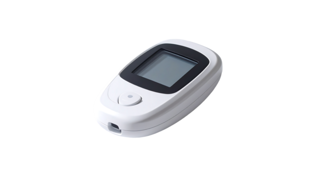 Compact, white handheld device with a rectangular LCD screen, single button, and small port