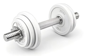 Fototapeta premium White dumbbell with metal grip and spin-lock collars holding labeled weight plates on white background 