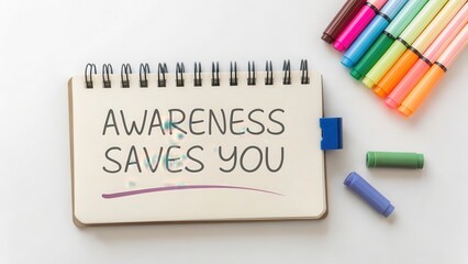 Awareness Saves You: A Creative Reminder on a Notebook with Markers