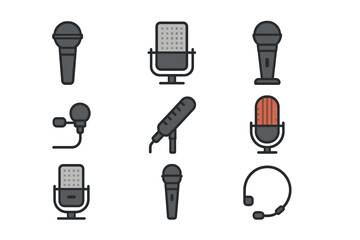 Microphone Icon Set. Flat icon set of microphones: handheld mic, condenser mic, dynamic mic, lavalier mic,