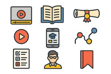 Online Courses Icons. Flat icon set of online courses: video tutorial, open book, graduation scroll, play