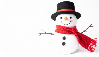 Cute snowman with black hat and red scarf smiles warmly against a bright white backdrop exuding festive charm during winter celebrations