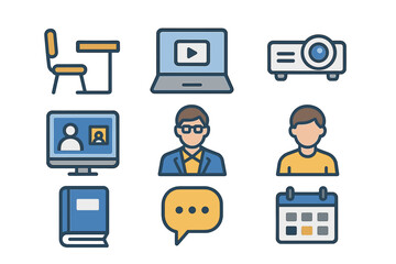Fototapeta premium Hybrid Learning Icons. Flat icon set of hybrid learning: classroom desk, laptop, projector, video call icon,