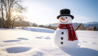 Cute snowman wearing a black hat and red scarf smiles cheerfully in a snowy landscape on a bright winter day