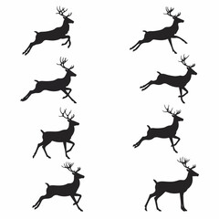 Collection of black deer silhouettes with antlers, showcasing various dynamic running and leaping poses on a plain white background, ideal for diverse design projects.