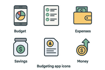Budgeting App Icons. Flat icon set of budgeting apps: smartphone with pie chart, budget list, expenses icon,