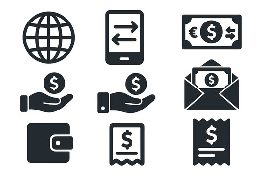 Remittance App Icons. Flat icon set of remittance apps: globe icon, smartphone with arrows, cash transfer,