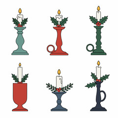 Set of six festive holiday candles in various decorative candlesticks, adorned with classic holly and red berries against a clean white background.