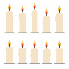 Collection of ten simple flat design burning candles with various melted wax patterns on a white background, perfect for holidays and spiritual themes.