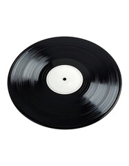Obraz premium A black vinyl record with a blank white label, centered and subtly reflecting light, showcases its grooves and glossy surface against a pure black background
