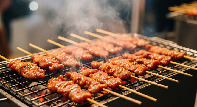 A close up of pork skewers or thai mooping on a street cart grill 