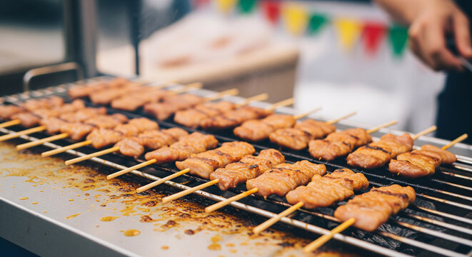 A close up of pork skewers or thai mooping on a street cart grill 