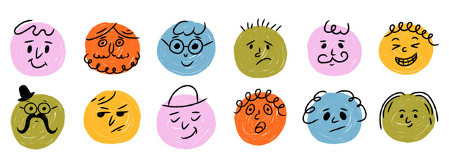 Doodle crayon emoji face icon set. Hand drawn cartoon emoticons with different emotions and expressions. Vector round sketch illustration.