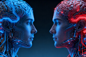 Two human profiles with exposed brains illuminated by blue and red circuitry, symbolizing artificial intelligence and neural technology