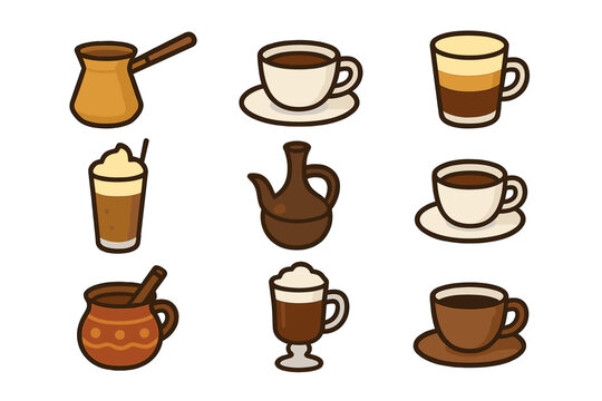 Global Coffee Icons. Flat icon set of global coffee styles: Turkish coffee, Italian espresso, Vietnamese egg