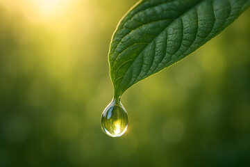 Fototapeta premium Close up of a water droplet hanging from a green leaf illuminated by sunlight macro nature photography freshness concept