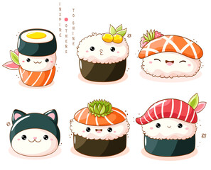 Set of cute sushi and rolls in kawaii style. Japanese traditional cuisine dishes. Can be used for t-shirt print, sticker, greeting card, menu design. Vector illustration EPS8