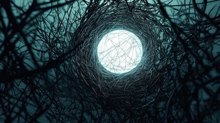 Mysterious abstract concept of glowing orb protected in dark nest of tangled roots or wires