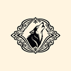 Howling wolf in an ornate frame, black and white illustration.