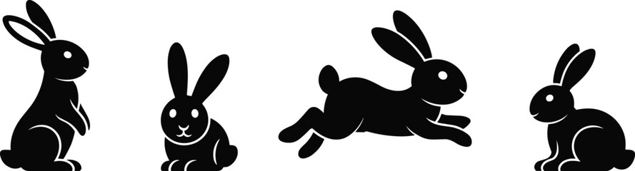 Black Rabbit Silhouettes Set, Various Poses, Jumping and Standing, Cute Easter and Pet Animals, Hand-Drawn Cartoon Style Collection
