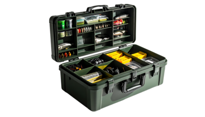 Olive-green, hard plastic tackle box, open, revealing numerous compartments filled with fishing lures, lines, and accessories