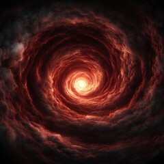 Cinematic journey through swirling vortex of fiery storm clouds towards mysterious bright light