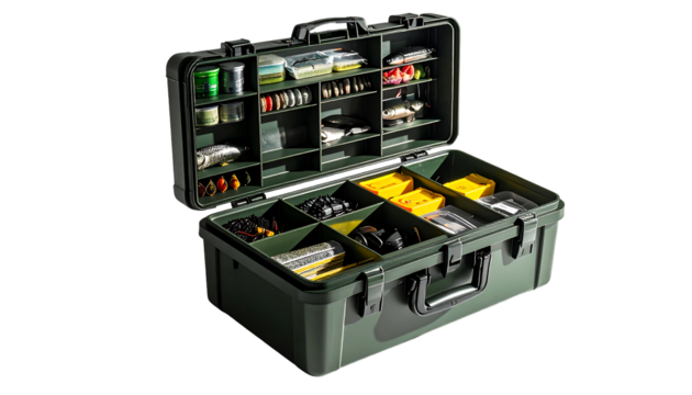 Olive-green, hard plastic tackle box, open, revealing numerous compartments filled with fishing lures, lines, and accessories