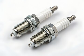 Pair of new spark plugs with ceramic insulators and threaded metal bodies on white background