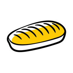 A stylized loaf of bread with yellow interior and black outlines on a white background illustration