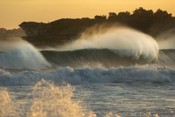 Powerful waves glowing in golden light at sunset at Bondi Beach, Sydney, Australia.