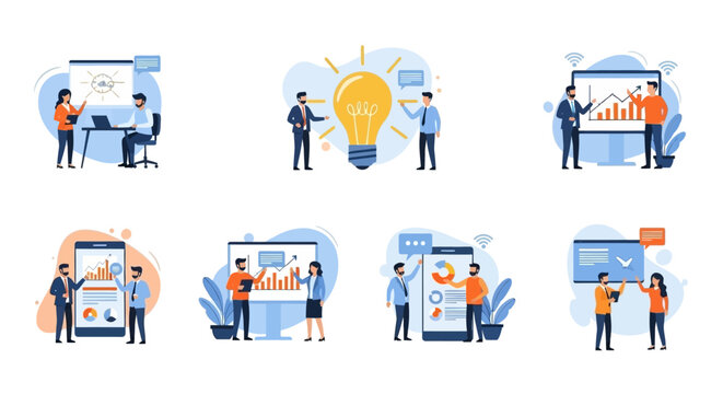 Business Team Collaboration and Data Analysis Illustration Set. Vector Illustrations. EPS Editable