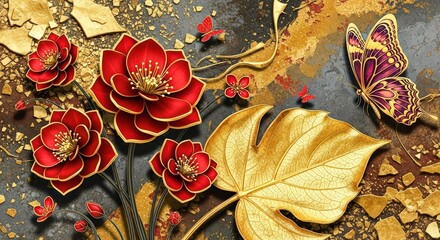 Red flowers and a purple butterfly on a dark textured background