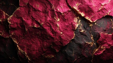 Luxurious abstract background of dark magenta rock with rich cracked texture and golden veins