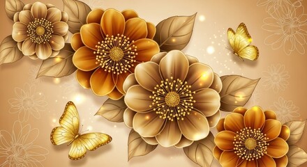 Golden flowers and butterflies on a warm background