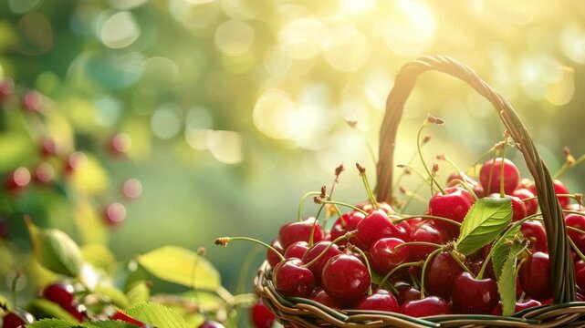 Ripe cherries in basket with sunny orchard background