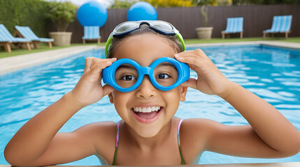 Young child being silly making cross eyes while playing in the swimming pool