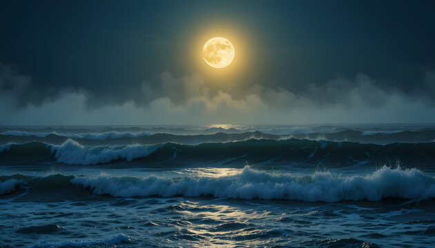 Dramatic full moon illuminates powerful ocean waves crashing under a dark, moody sky creating a serene yet dynamic coastal scene. - Powered by Adobe