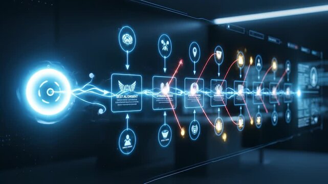 Bright digital displays illuminate an advanced workspace where engineers navigate intricate AI systems. Flowcharts guide decisions, illustrating cutting-edge technology in real-time collaboration.
