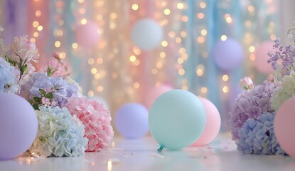 Pastel-colored balloons, hydrangeas, and fairy lights create a soft, celebratory scene