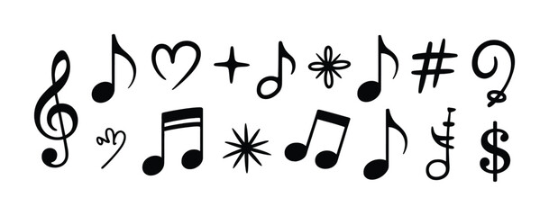 Collection of Hand-Drawn Musical Notes, Symbols, and Decorative Elements