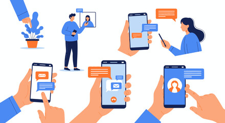 Collection of vector illustrations showing people using smartphones for digital communication. Vector Illustrations. EPS Editable