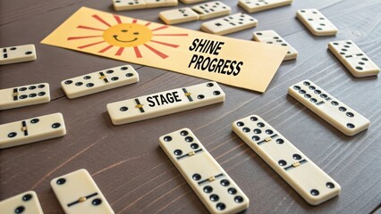 Colorful Dominoes on Wooden Surface with Positive Messages and Sun