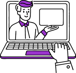 Online education, distance learning concept. A student's workplace with a laptop showing a teacher giving an online lesson. Vector illustration in flat cartoon style