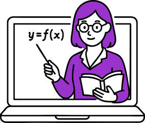 Online education, distance learning concept. A student's workplace with a laptop showing a teacher giving an online lesson. Vector illustration in flat cartoon style